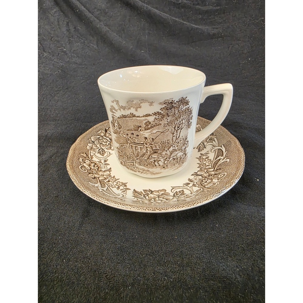 J&G Meakin Stratford Stage Brown‎ Transferware Tea Cup and Saucer Set England